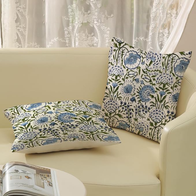 Boho Navy Blue Pillow Covers 18x18 Inch Set of 2 Blue Sage Green Floral Throw Pillows Vintage Flower Outdoor Decorative Pillow Cases Farmhouse Linen Cushion Cover Decor for Couch Sofa Decor