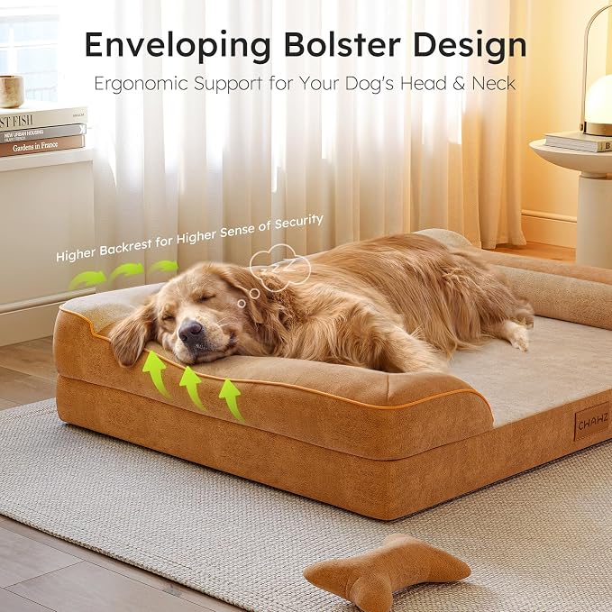 Extra Large Dog Bed, Orthopedic Dog Beds with Cooling Gel Memory Foam, Waterproof XL Pet Bed with Removable Washable Cover, 42" Pet Sofa Couch Dutch Velvet with Bone Toy, Brown