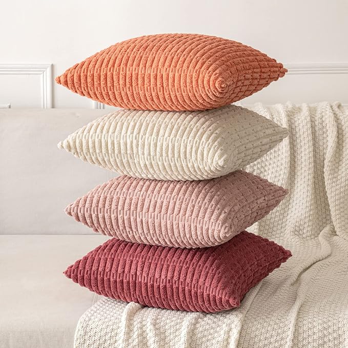 MIULEE Corduroy Decorative Throw Pillow Covers 18x18 Crimson Pack of 2 | Soft Boho Striped Pillow Covers Modern Farmhouse Home Decor For Sofa Living Room Couch Bed