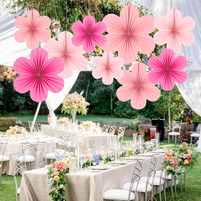 SUNBEAUTY Paper Flowers Decoration, Set of 9 - Hot Pink Paper Flower for Wall Hanging Ornaments, Party Fans & Floral Backdrop for Weddings Baby Showers Birthdays Valentine Mother's Day & More