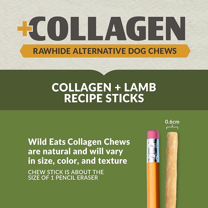 Wild Eats Lamb Collagen Sticks for Dogs, 15 Pack, Bully Stick Alternative | Rawhide and grain free no hide chew treats, 1 cm chew width, high protein, long lasting, satisfies natural gnawing urges