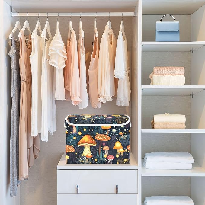 Mushrooms Storage Bins with Lids and Carrying Handle,Foldable Storage Boxes Organizer Containers Baskets Cube with Cover for Home Bedroom Closet Office