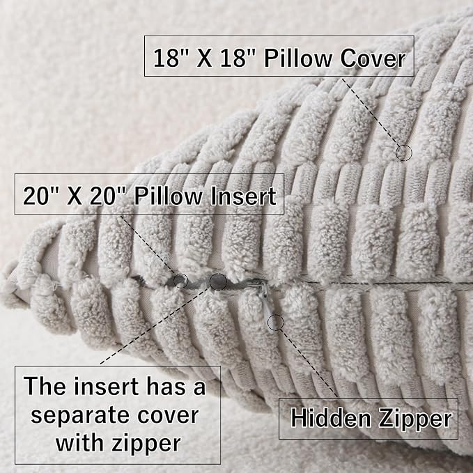 2 Pack Corduroy Decorative Throw Pillow with Inserts, 18x18 Inch Soft Boho Throw Pillow, Square Striped Throw Pillows for Couch, Bed, Sofa Decor (Light Gray)