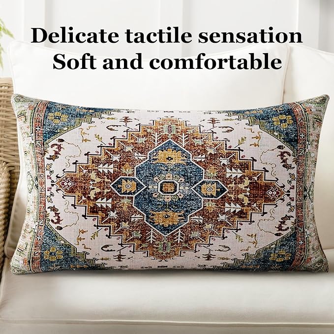 Boho Throw Pillow Covers 12x20 inch Set of 2,Soft Pillowcases Bohemia Carpet Printing Pattern Decorative Sofa Living Room Bed Rectangle Pillow Case Cushion Cover-Blue Green