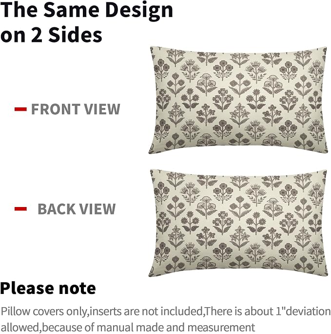 Dark Brown Floral Pillow Covers 12x20 Inch Set of 2, Block Print Lumbar Flower Cream Decorative Throw Pillowcases Outdoor Farmhouse Rectangle Cushion Covers Spring Summer Sofa Couch Bed Decor