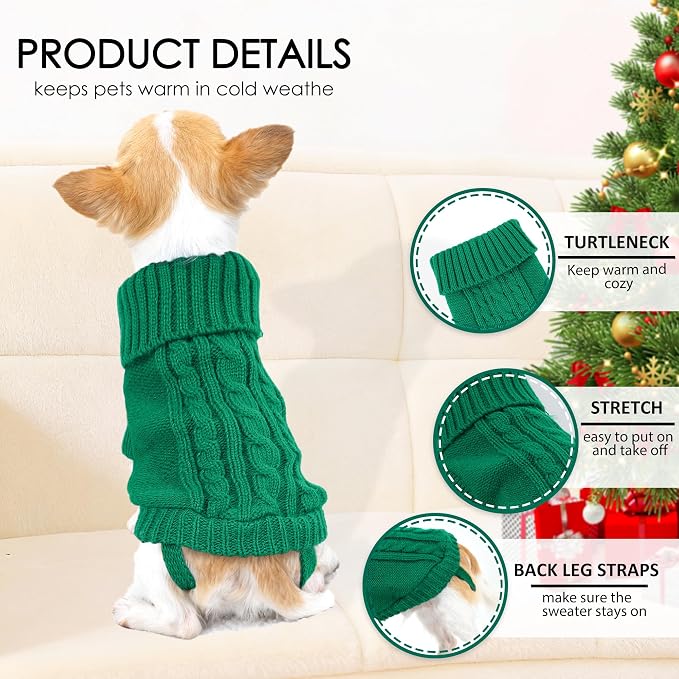 2 Pack Small Dog Sweaters Dog Christmas Sweater Turtleneck Knit Winter Warm Pullover Clothing Pet Cat Cold Weather Outfits for Small Dogs, Green and Purple, Large