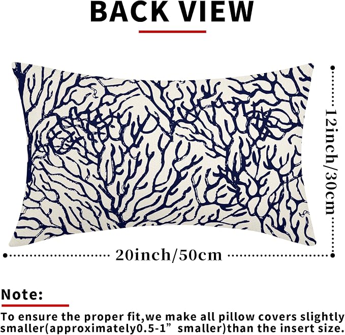 Nautical Coastal Coral Lumbar Pillow Covers 12x20 Inch Set of 2 Summer Ocean Beach White Blue Decorative Pillow Cases Outdoor Linen Cushion Cover Farmhouse Decor for Bedroom Home Sofa Couch Bed