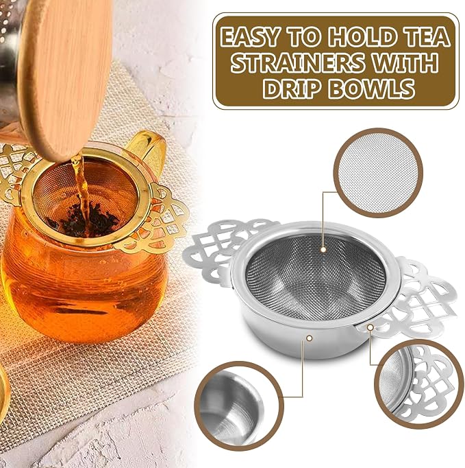 2 Pack Fine Mesh Tea Strainers with Drip Bowls, Stainless Steel Loose Leaf Tea Filter, Double Wing Handles for Mugs & Cups 2.5-4 Inch Mouth, Silver