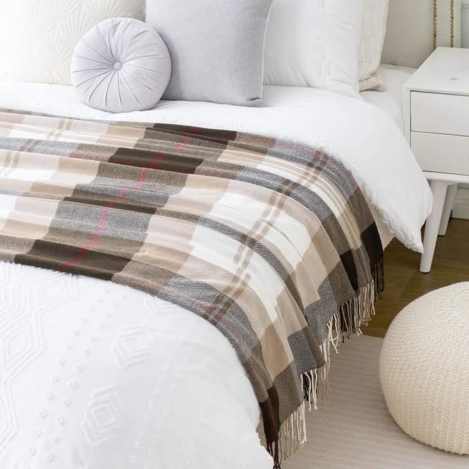 Brown Plaid Throw Blanket for Couch, Fall Buffalo Plaid Blanket 50"x60" | Lightweight Farmhouse Throw Blanket, Rustic Country Blankets, Decorative Woven Throws with Tassels, Ideal for Bed Sofa Men