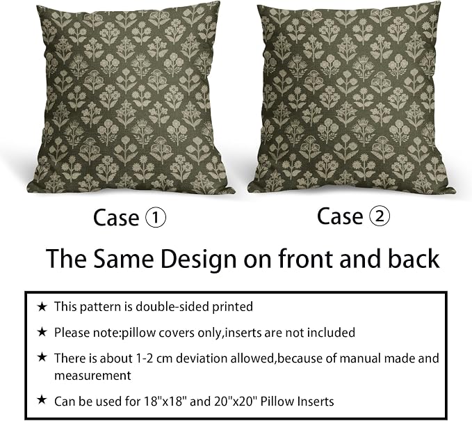 Olive Green Floral Block Print Pillow Covers 18x18 Inch Set of 2, Vintage Flower Pattern Decorative Throw Pillowcases Outdoor Farmhouse Cushion Covers Spring Summer Rustic Sofa Couch Bed Decor
