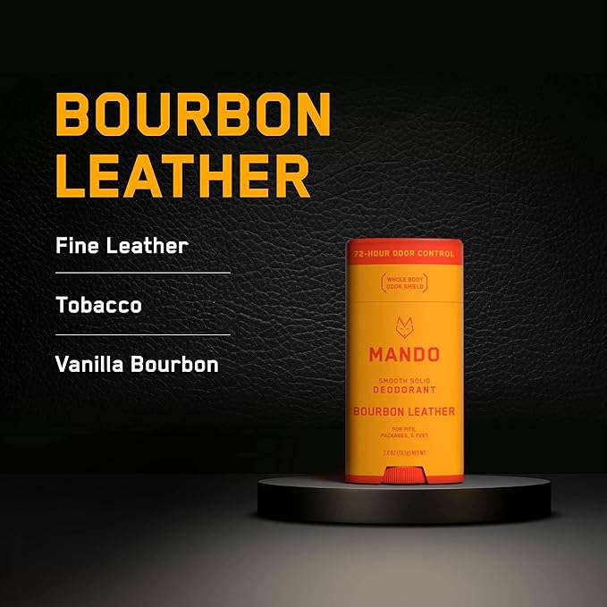 Mando Smooth Solid Stick (2.6 Ounce) + Acidified Body Wash (8.5 Ounce) - Clinically Proven to Block Odor All Day - Whole Body Safe For Pits, Packages + Feet (Bourbon Leather)