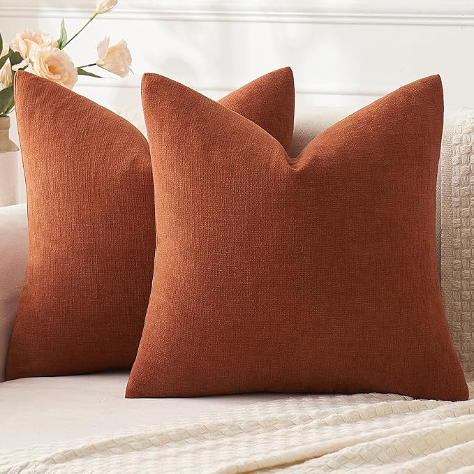 MIULEE Fall Rust Chenille Couch Euro Throw Pillow Covers, 22x22 | Set of 2, Soft Farmhouse Modern Home Decor, Decorative Pillowcases for Sofa Living Room Bed