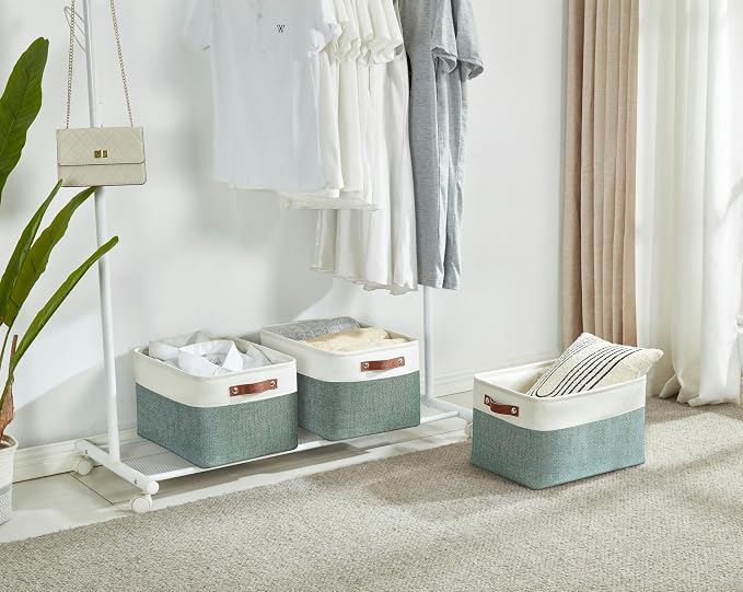 DECOMOMO Storage Bins, Large Fabric Storage Baskets for Shelves 3 Pack | 15 x 11 x 9.5 inches Decorative Linen Closet Organizers (Green & White)