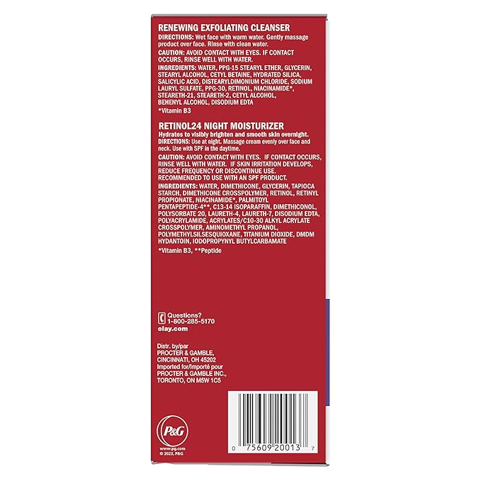 Olay Retinol 24 Duo Pack, Renewing Exfoliating Cleanser, Fragrance-Free 5.0 oz, Night Moisturizer, Fragrance-Free, 1.7 oz