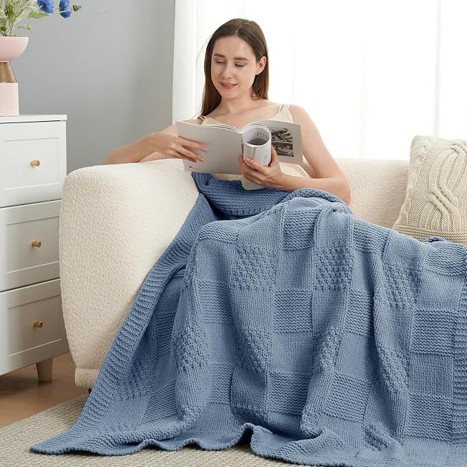 Knit Throw Blanket, Soft Chenille Cozy Breathable Checkered Chunky Decorative Blanket for Couch, Bed & Sofa, French-Inspired Lightweight Warm Gift for Women, Washed Blue, 50"x60"