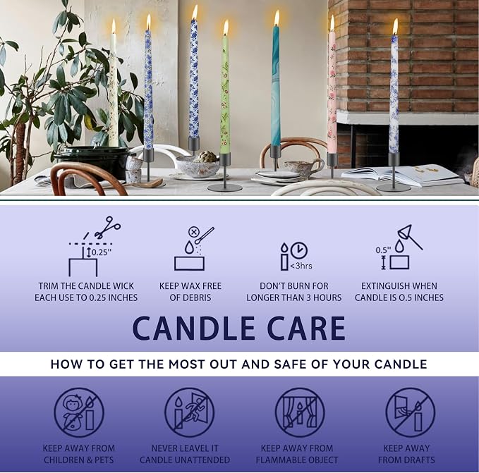 10 inche Floral Candle Sticks Printed Candlestick 4 Pack Blue and White Porcelain Unscented Taper Candle Long Blue Flower Tapered Candles for Home Dinner Wedding Holiday