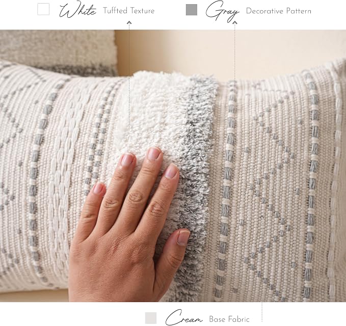 18X18 Throw Pillow Cover, Cream Neutral Square Decorative Cushion Cover with Gray Pattern, Boho Accent Pillowcase with Tufted Details and Tassels for Couch Sofa Living Room (Cover Only)
