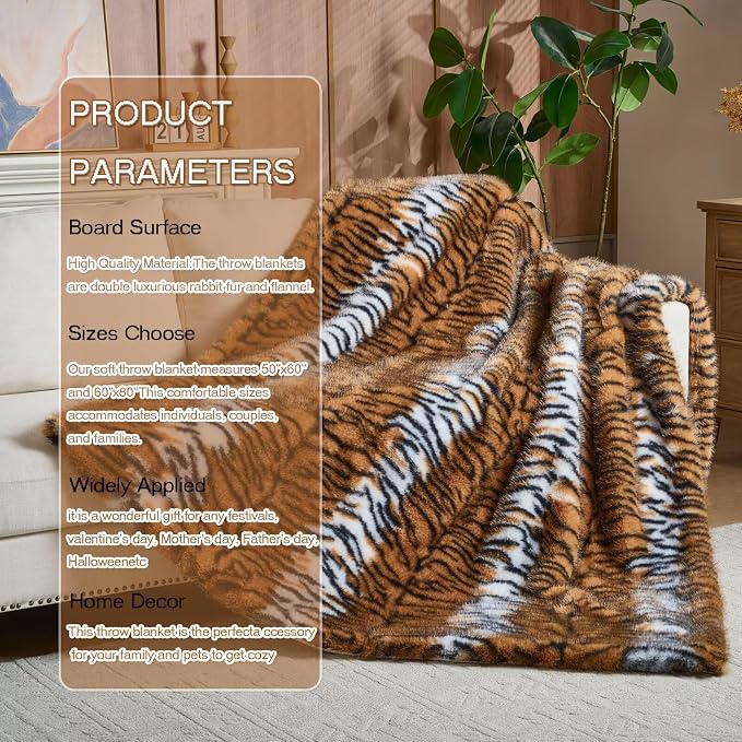 Luxury Fluffy Faux Fur Throw Blanket,Thick Fluffy Silky Fuzzy Cozy Blanket,Plush Blankets for Couch, Sofa, Chair, Bed-Tiger Print Brown-50 * 60inch