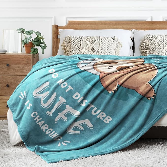 Leebbsin Funny Gifts for Wife, Anniversary Wedding Gifts for Wife | Wife is Charging Sloth Blanket 60" x 50", Cyan, Christmas Mothers Day Birthday Gift for Wifey from Husband