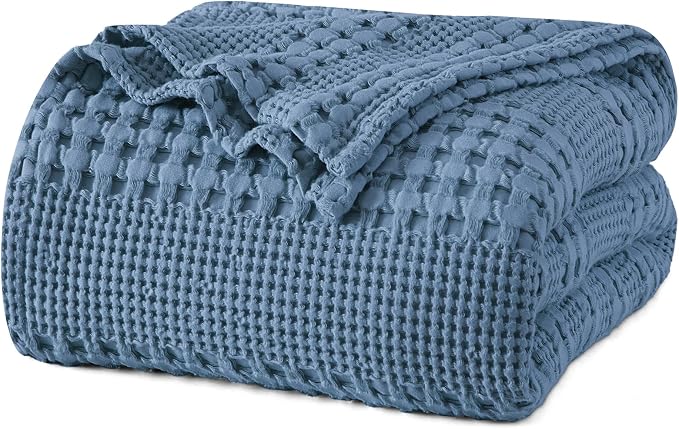 PHF 100% Cotton Waffle Blanket Twin Size, Lightweight Breathable Summer Blanket for Hot Sleepers, Pre-Washed Soft Layer for Bed, Dorm, Couch & Guest Room, Home Decor Gift, 66"x90", Denim Blue