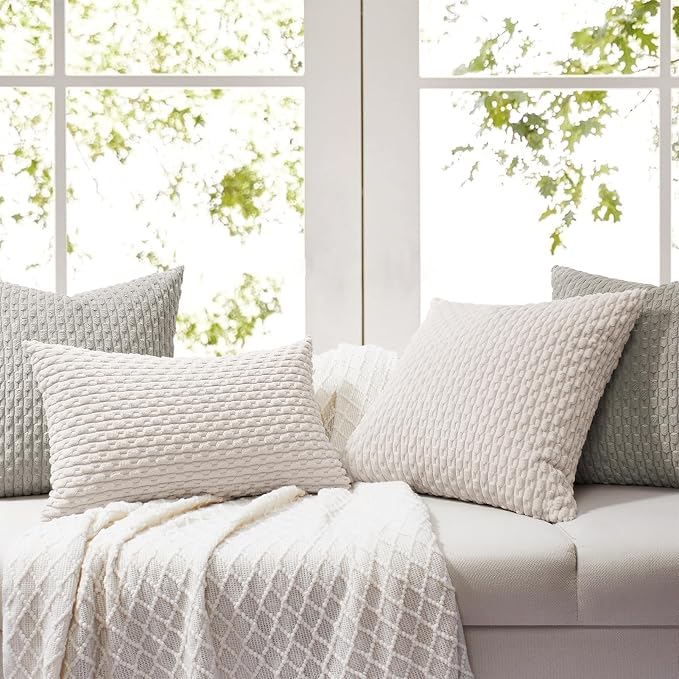 Softalker Corduroy Decorative Throw Pillow Covers 18x18, Set of 2, Beige | Soft Boho Striped Pillow Cases, Couch Fluffy Cushion Covers for Farmhouse Home Decor Bed Living Room