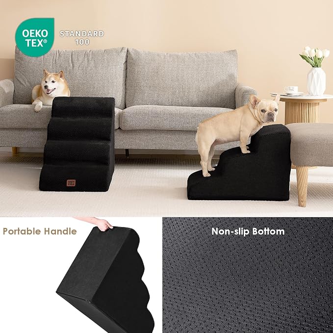 EHEYCIGA Curved Dog Stairs Ramp, 3-Step Dog Steps, 15.7" H Pet Step | 33D density of pure foam, for Small Dogs and Cats, Pet Stairs for High Bed Climbing, Non-Slip Balanced Indoor, Black