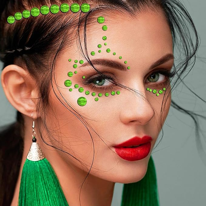 3555pcs Self Adhesive Face Gems for Makeup, Festival Jewels, Hair Gems, Rhinestone Stickers for Face, Eye, Makeup, Nail, Body, Crafts 5sheets (green-3/4/5/6/8mm)
