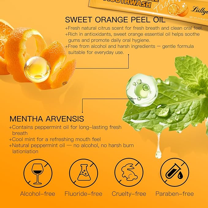 Liillya Mouthwash Travel Size, Individual Mini Mouthwash Alcohol Free, Orange Mint for Fresh Breath, Oral Care, Teeth & Gum Health, TSA Compliant, Portable Packets to Go, 0.41 Fl Oz x 20 Packs