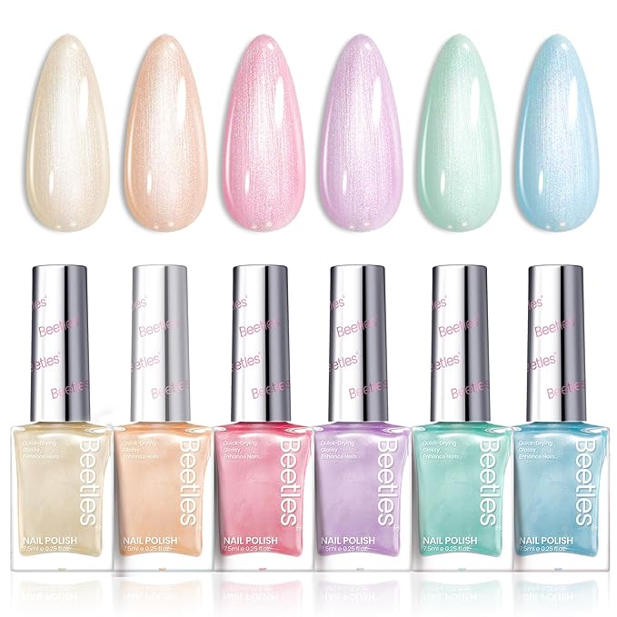 Beetles Nail Polish Set, 6 Colors Pearl Nail Polish Kit Pastel Pearl Shimmer Pink Orange Blue Green Dreamy Swirl Quick Dry Fingernail Polish Gifts for Women Salon DIY Manicure Kit - Easter Nails Art