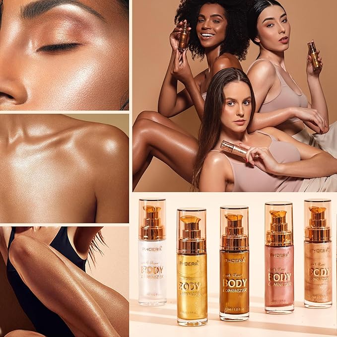 PHOERA Body Shimmer Oil,Waterproof Long Lasting Moisturizing Body Luminizer Glow, Illuminator Highlighter for Face with Makup Bursh, 1oz/Jars(101+103/ Rose Gold+Glistening Bronze)