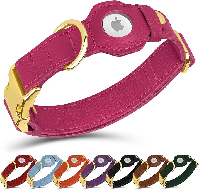 Leather Airtag Dog Collar - Soft Tracking Dog Collar with Apple AirTag Holder and Metal Buckle - Safety GPS Pet Collars for Small Medium Large Dogs Puppy Pink Red (Pink, S, 12"-15" Neck Fit)