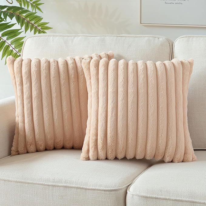 Soleebee Set of 2 Throw Pillow Covers Soft Cozy Velvet Pillowcase Faux Rabbit Fur Cover for Couch Sofa Bed Chair Home Decorative Pillows Cover (18x18 Inch, Camel)
