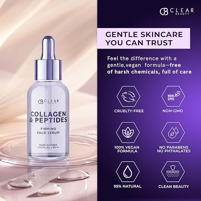 Clear Beauty Peptides Serum For Face With Collagen – Firming & Hydrating For Fine Lines & Wrinkles – Dermatologist Tested, Anti-Aging, Korean Skin Care – Vegan, Clean Beauty, Non-GMO – 1.69 Fl Oz