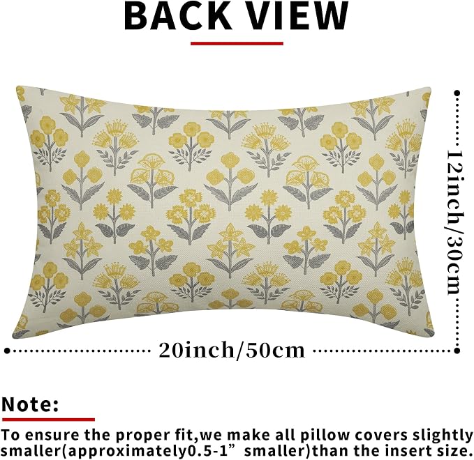 Yellow Grey Gray Floral Pillow Covers 12x20 Inch Set of 2, Block Print Lumbar Flower Cream Decorative Throw Pillowcases Outdoor Farmhouse Rectangle Cushion Covers Spring Summer Sofa Couch Bed Decor