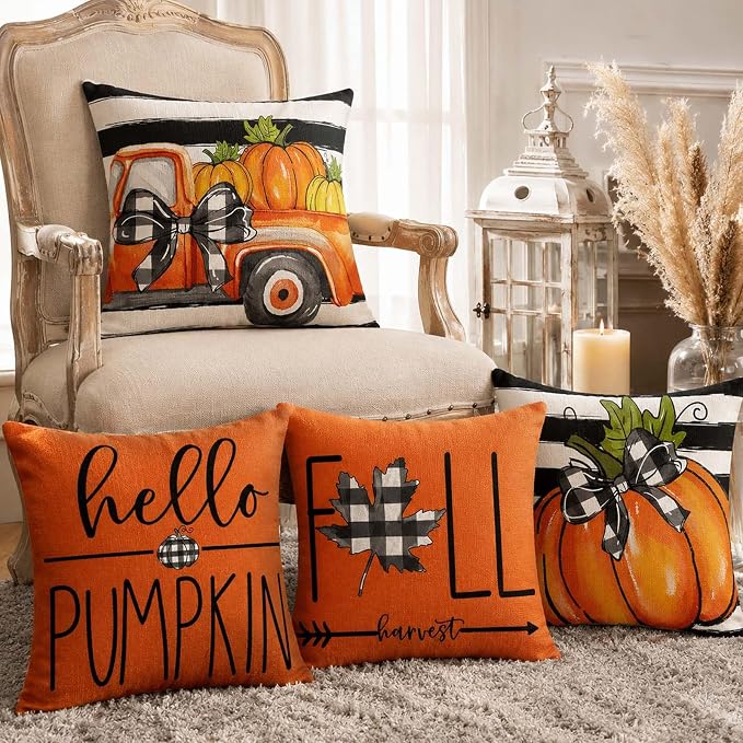 Fall Throw Pillow Covers for Home Strip Pumpkin Pillowcase 18x18 Set of 4 | Hello Pumpkin, Fall Harvest, Vintage Orange Truck, Sofa Covered Patio Farmhouse Thanksgiving Decor Cushion Case