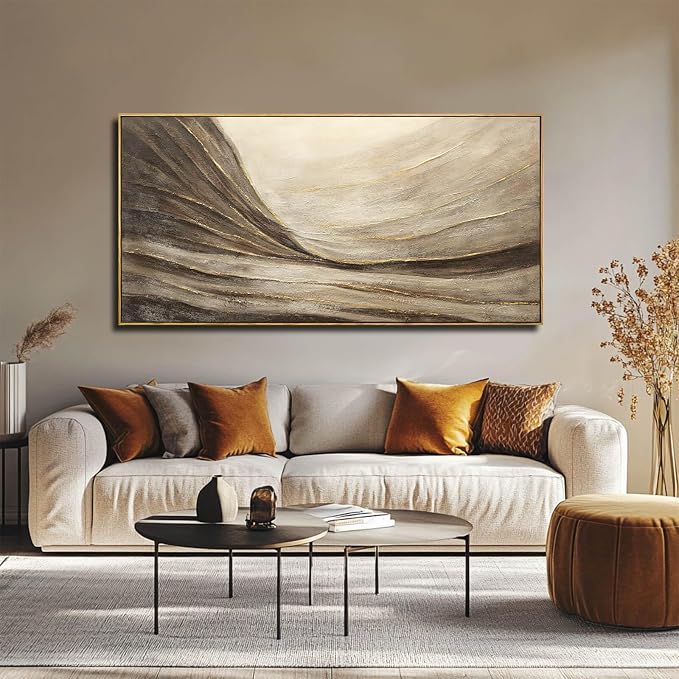 Framed Brown Gold Abstract Wave Canvas Wall Art for Living Room 24x48 Inch