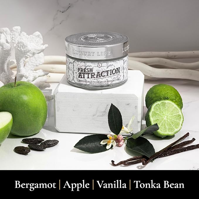 LUXURY LIFE BUTTER - Irresistibly Scented Body Butter with Hyaluronic Acid for Ultimate Moisture. Hydrates for a Non-Greasy Glamorous Glow (Presidential, Fresh Attraction, Midnight Seduction 5 oz)