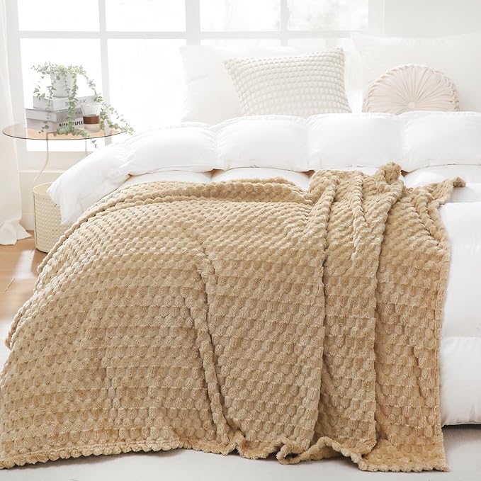 Puncuntex Beige Throw Blanket 60"×80" inches Fuzzy 3D Jacquard Decorative | Flannel Fleece Super Soft Plush Cozy Blanket for Couch Sofa Chair Lightweight