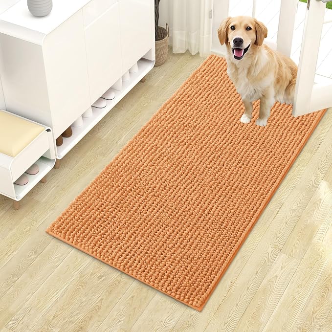 OLANLY Dog Door Mat for Muddy Paws 44x24, Extra Absorbent Chenille Mud Mat | Orange, Absorbs Moisture and Dirt, Non-Slip Machine Washable Doormat, Quick-Drying Indoor Entryway Floor Mat for Dogs