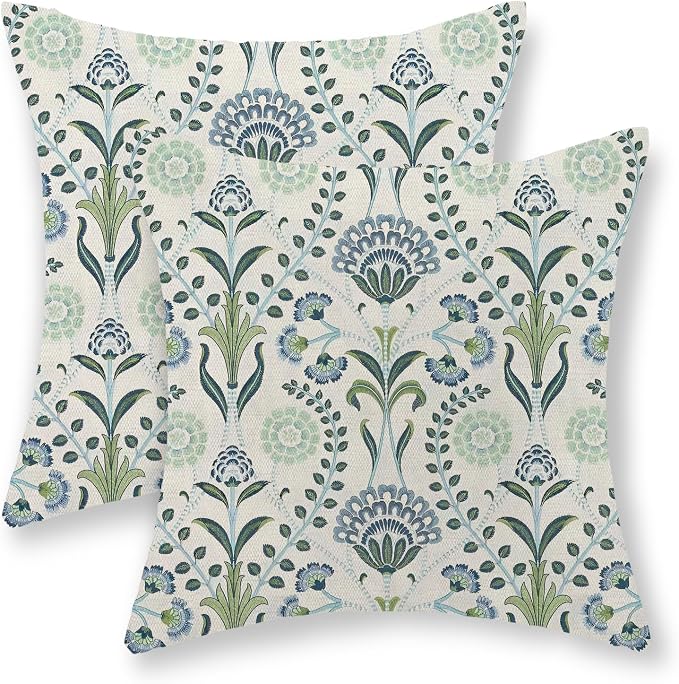 Blue Green Pillow Covers 18x18 Inch Set of 2 Boho Floral Decor Throw Pillows Vintage Block Print Flower Outdoor Linen Decorations Pillowcase Linen Cushion Cover for Couch
