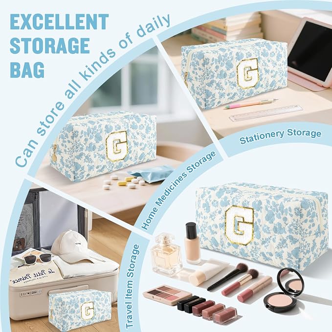 Personalized Quilted Cosmetic Bag, Puffy Monogrammed Christmas Birthday Gifts for Women & Girls, Cute initial Floral Makeup Bag Puffer Coquette Bag, Aesthetic Travel Toiletry Zipper Pouch(Blue,G)