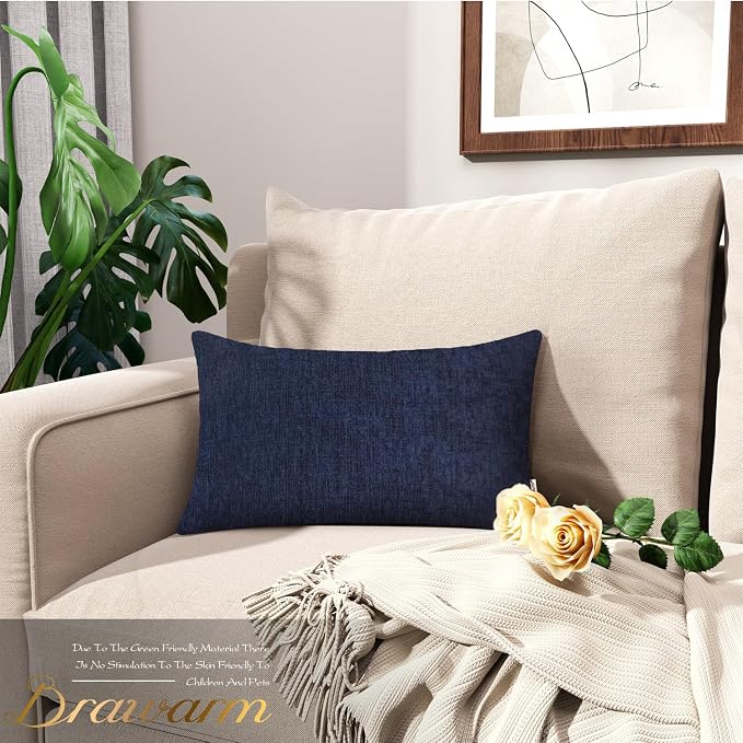 BRAWARM Throw Pillow Covers 12x20 Inches - Navy Blue Chenille Lumbar Pillow Covers Pack of 2, Solid Dyed Soft Chenille Pillow Cases for Couch Sofa Bed Home Decoration