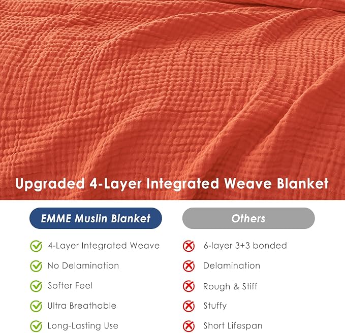 EMME Cotton Muslin Large Throw Blanket Couch Breathable Gauze Soft Lightweight Bed Blankets Adults (Heather Orange Rust, 50"x70")