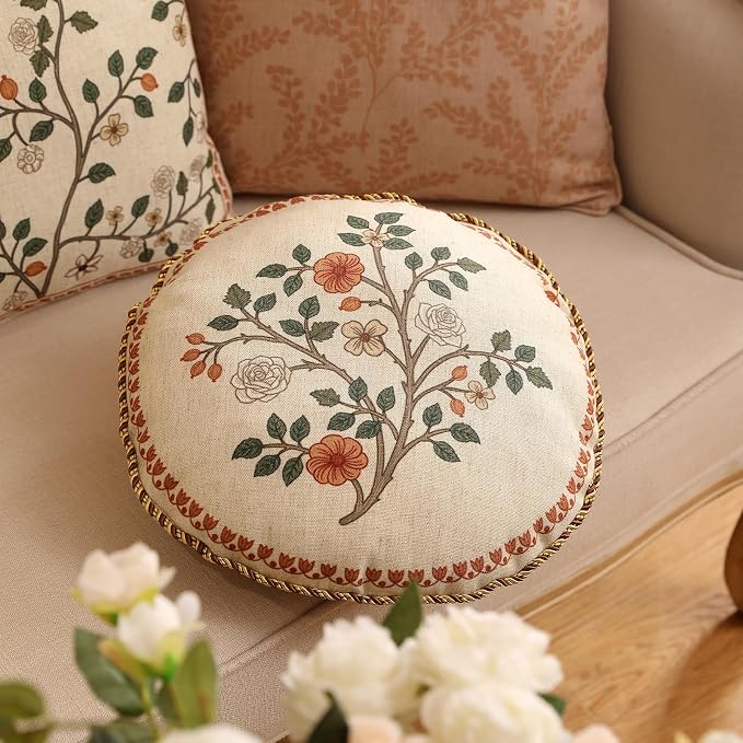 Designer Linen Throw Pillow Cover,Set of 2,Diameter 16"-Flora B | Vintage French Round Decor Pillow Cover,Concealed Zipper Design,Floral Pattern,Sofas,Bedroom,Living Room,Lounge Chairs