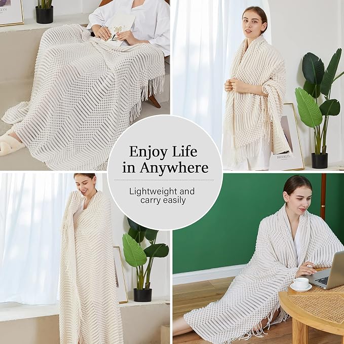 Blagic Soft Knitted Throw Blanket for Couch and Bed,White,50"x60" | Lightweight and Cozy,Farmhouse Boho Blanket with Tassel,Decorative for Living Room,Gifts for Adults,All Season Use