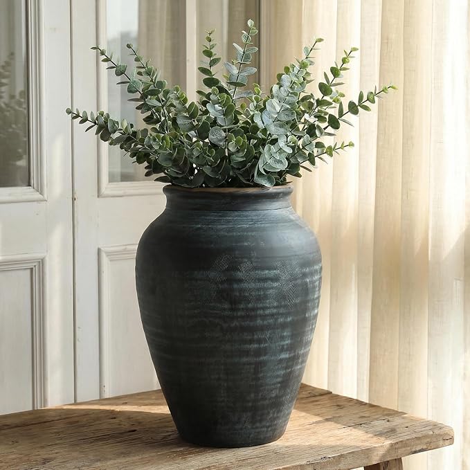 14.17" Blue Ceramic Vase, Rustic Farmhouse Living Room Home Decor | Artisan Handcrafted Large Ceramic Vase