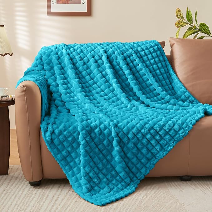 BEDELITE 3D Checked Teal Fleece Twin Throw Blanket for Bed, 60x80 Inch | Soft Warm Fuzzy Fluffy Blanket for Couch Sofa, Lightweight Plush Cozy Throws for Home Room Decor, Gift for Women, All Season
