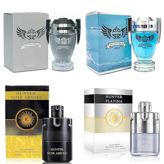 A CENTER Men's Cologne Gift Set 4 Pack(Invincible Aqua&Grey,Hunter Platina&Noir) - 3.4 Fl Oz Each | Vanilla Bourbon, Leather & Amber Floral Fragrance | Luxury Eau de Toilette Quartet
