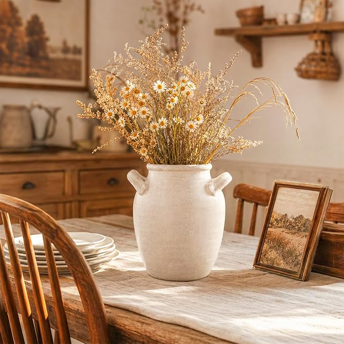DREAMLOOM 7.2 Inch Ceramic Flower Vase, White | Double Handles, Farmhouse Vintage, Pottery Terracotta, Home Decor, Living Room Dining Table Wedding Centerpieces