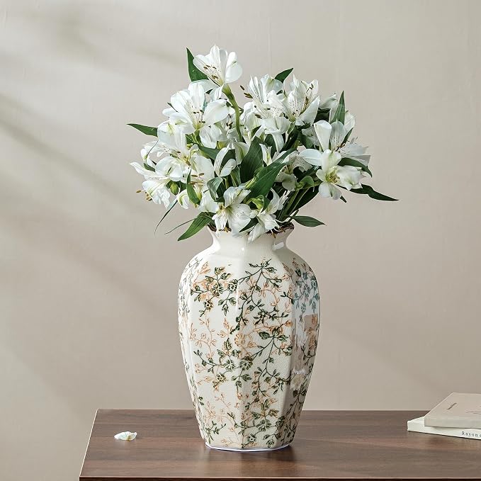 Ceramic Flower Vase for Home Decor, Vintage Green Decorative Vase 9.1 Inch | Rustic Farmhouse Floral Vase for Coffee Table, Living Room, Kitchen, Mantel, Bookshelf, Entryway, Wedding Centerpiece